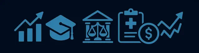 Icons representing business, education, legal topics, healthcare and trading
